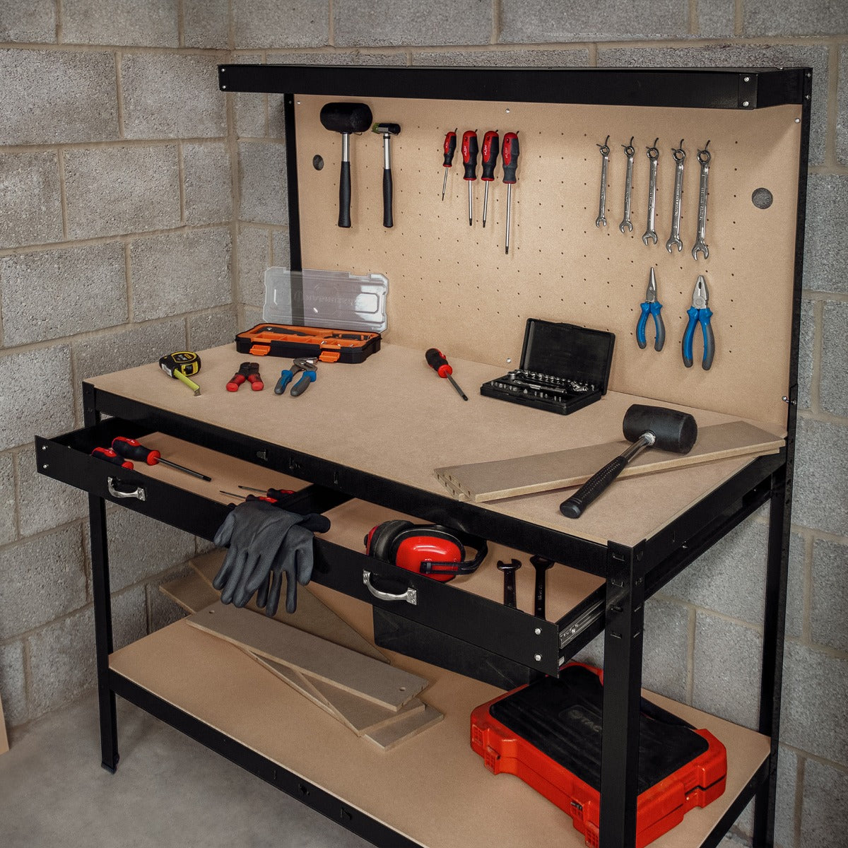 Workbench with Pegboard, Drawer & Light – Black